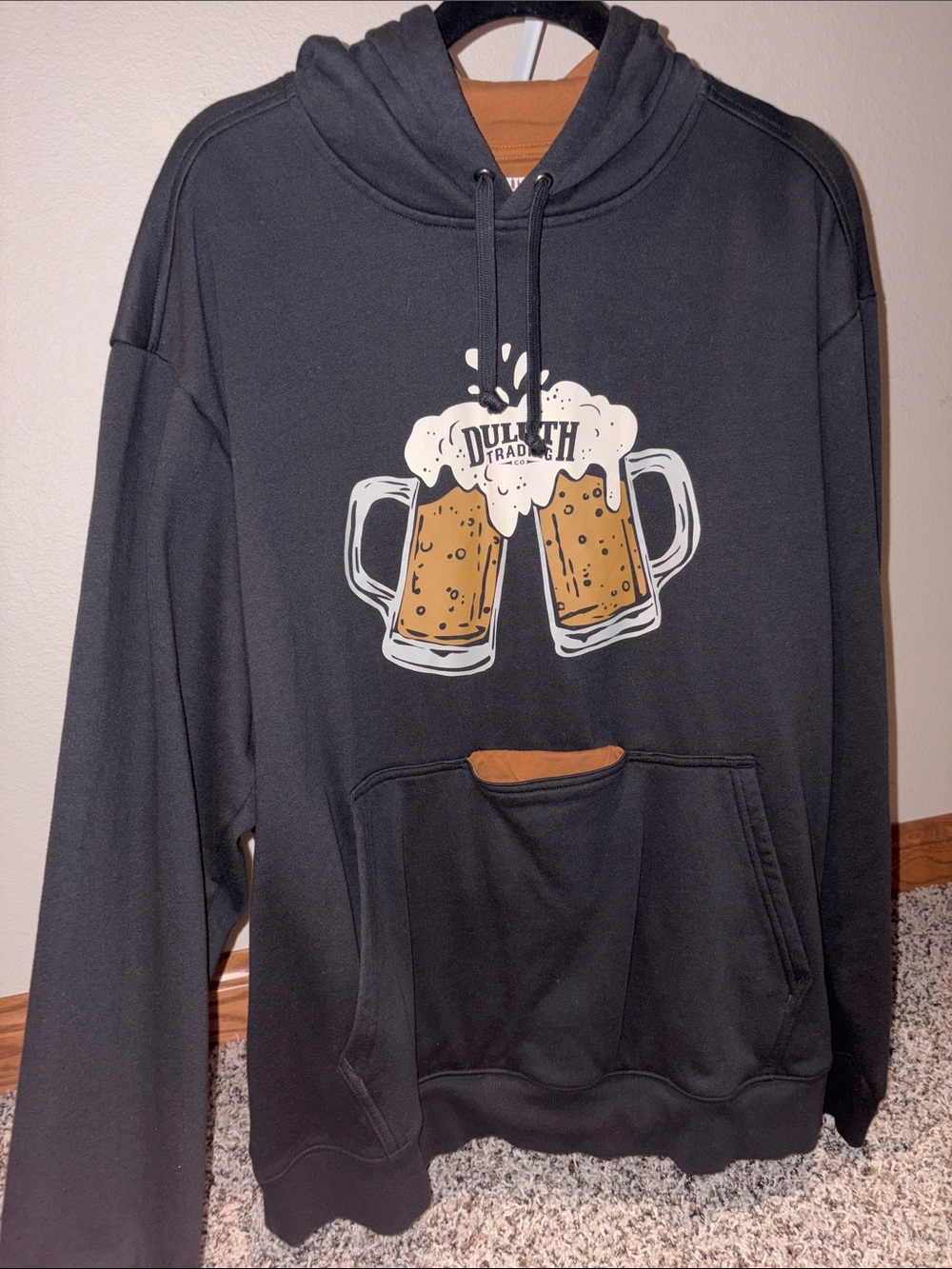 Duluth Trading Co Black Crewneck Hoodie with Beer Mug Graphic